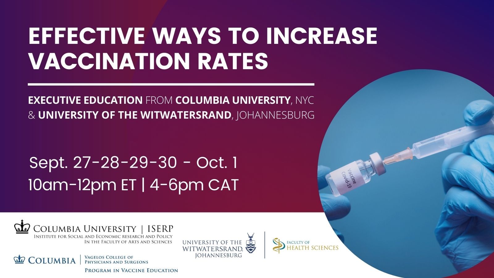 Event flier. Effective Ways to Increase Vaccination Rates Poster. White text on purple background. Featuring image of gloved hands holding vaccine syringe and COVID-19 vaccine vial on a blue background.