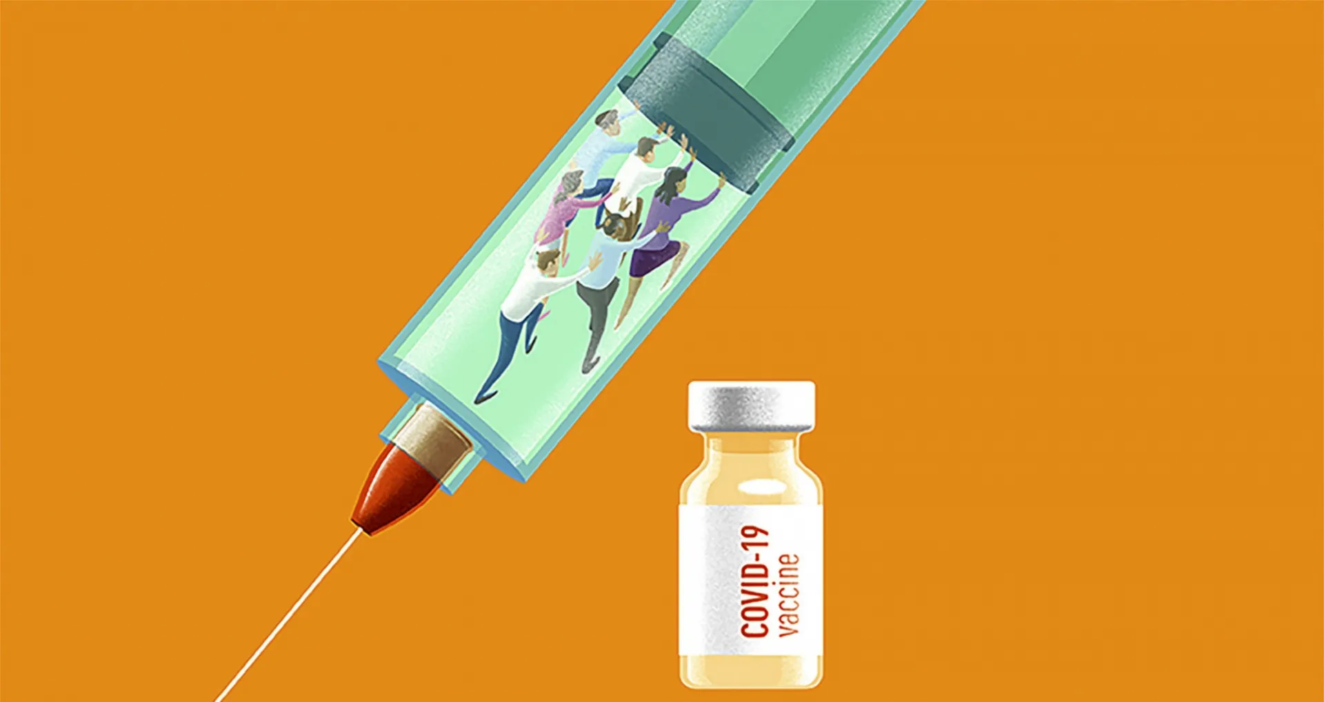 Vaccine hesitancy illustration with animated people inside an animated syringe pushing against the vaccine delivery. With a COVID-19 vaccine vial over an orange background.